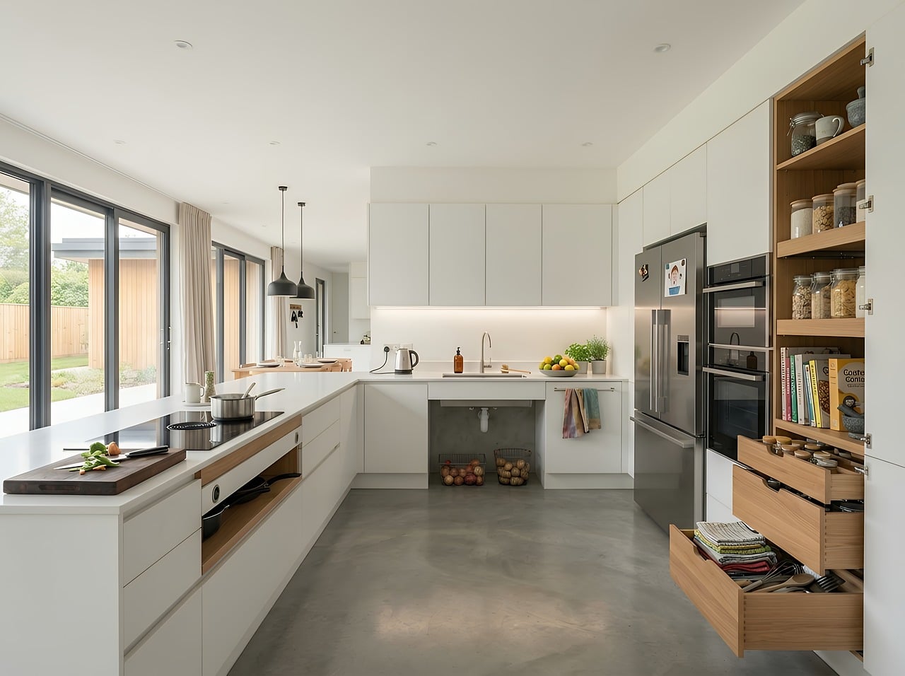 modern kitchen, interior design, kitchen counter, open pantry, induction cooktop, kitchen cabinet, functional design, home renovation, residential architecture, minimalist design, scandinavian style, clean lines, light colors, open floor plan, sunlight, home storage, no people, copy space, home design, energy-efficient
