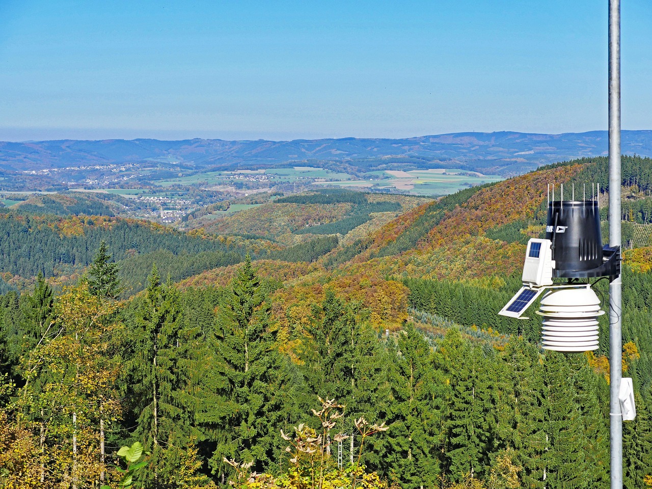sauerland, panorama, october, landscape, distant vision, nature, forest, highlands, mountain country, north rhine westphalia, measuring device, air purity, pollutants, fine dust, monitoring, solar, mountain range, germany, the ebbe mountains, high done, the district of olpe, fall, foliage coloring, mixed forest, solar-powered