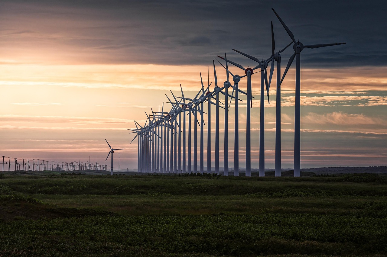 wind power generation, windmills, wind energy, sunset, renewable energy, landscape, nature, evening, coastal area, meadow, hokkaido, japan
