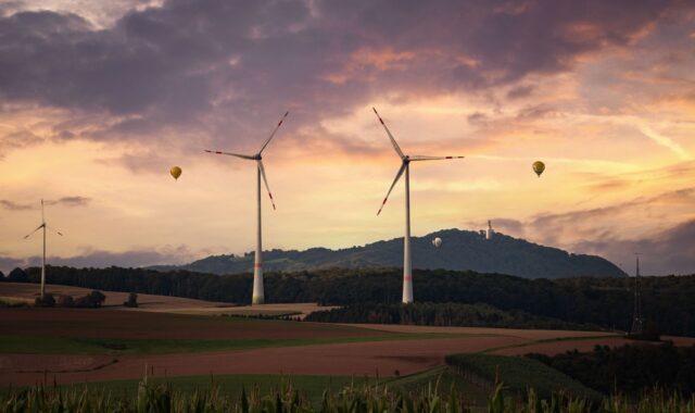 hot air balloons, balloons, wind energy, wind power, wind, wind turbine, wind farm, energy, electricity, clouds, nature, mountains, hot air balloon ride, landscape