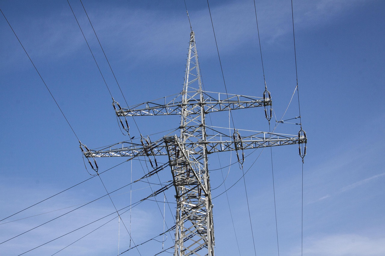 power pole, power supply, power lines, pylon, new, electricity, cable, power line, technology, heaven, blue
