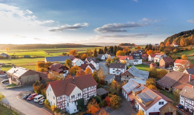 village, landscape, houses, aerial view, above, hesse, germany, todenhausen, frielendorf, sun, nature, red, yellow