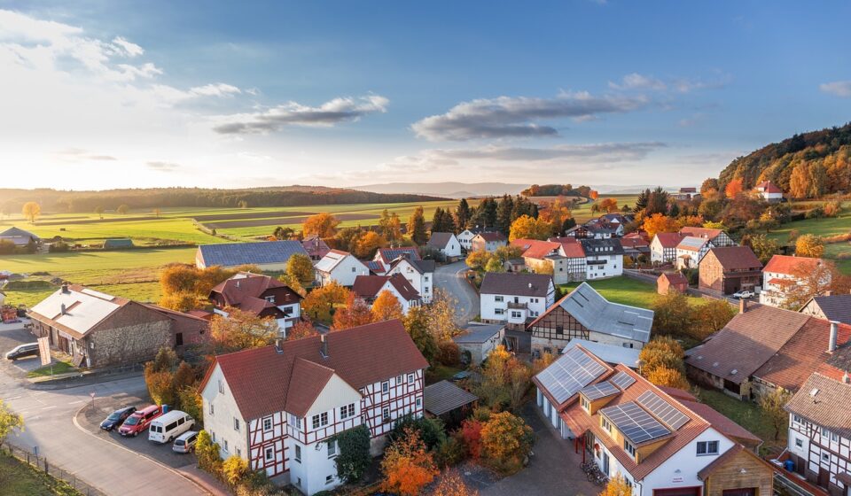 village, landscape, houses, aerial view, above, hesse, germany, todenhausen, frielendorf, sun, nature, red, yellow