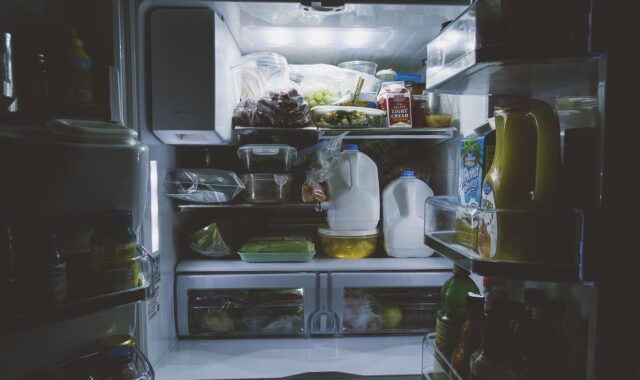 bottles, food, gallon, inside, light, milk, refrigerator, shelf, vegetables, refrigerator, refrigerator, refrigerator, refrigerator, refrigerator