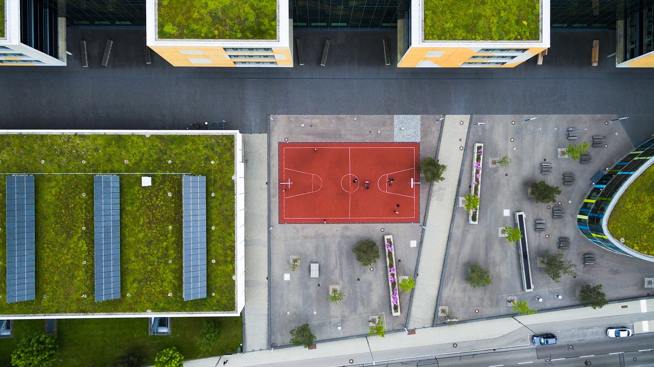architecture, building, residences, rooftop, nature, green, field, grass, aerial, court, park, view, trees