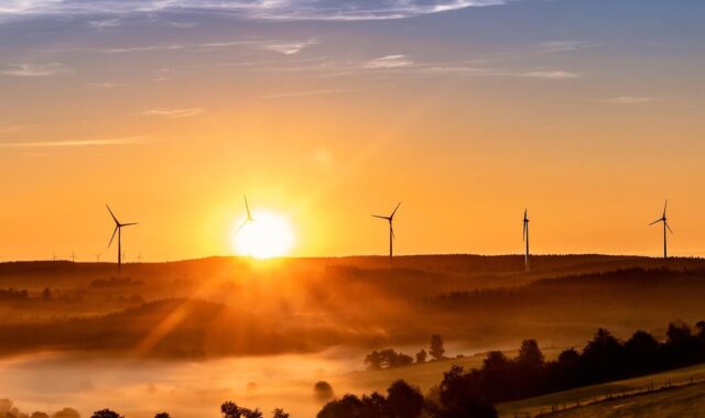 pxclimateaction, wind turbine, renewable energy, wind farm, windmills, pinwheels, wind energy, nature, sunrise, morning mist, sunlight, landscape
