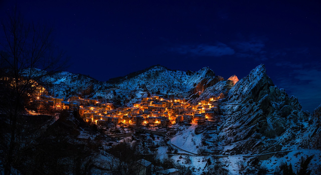 castelmezzano, town, illuminated, commune, snow mountains, townscape, italy, village, mountains, winter, snow, night, evening, lights, glow, outdoors, landscape, old town, nature, panorama